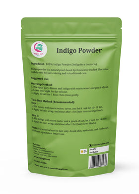 Yogi's Gift Indigo powder jar open, ready for natural hair coloring on dark hair