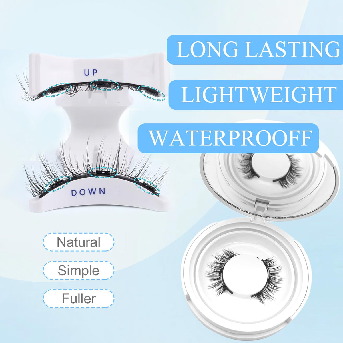 Meylora fuller lashes in a reusable kit; no glue needed.