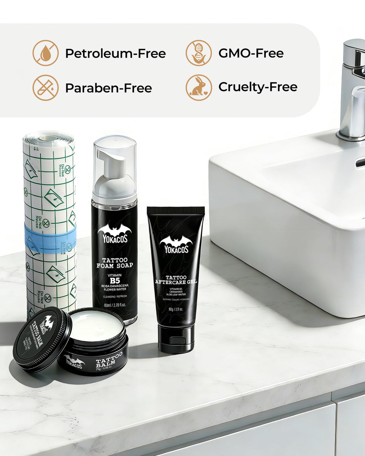 YOKACOS packaging shot emphasizes alcohol-free and paraben-free formulation