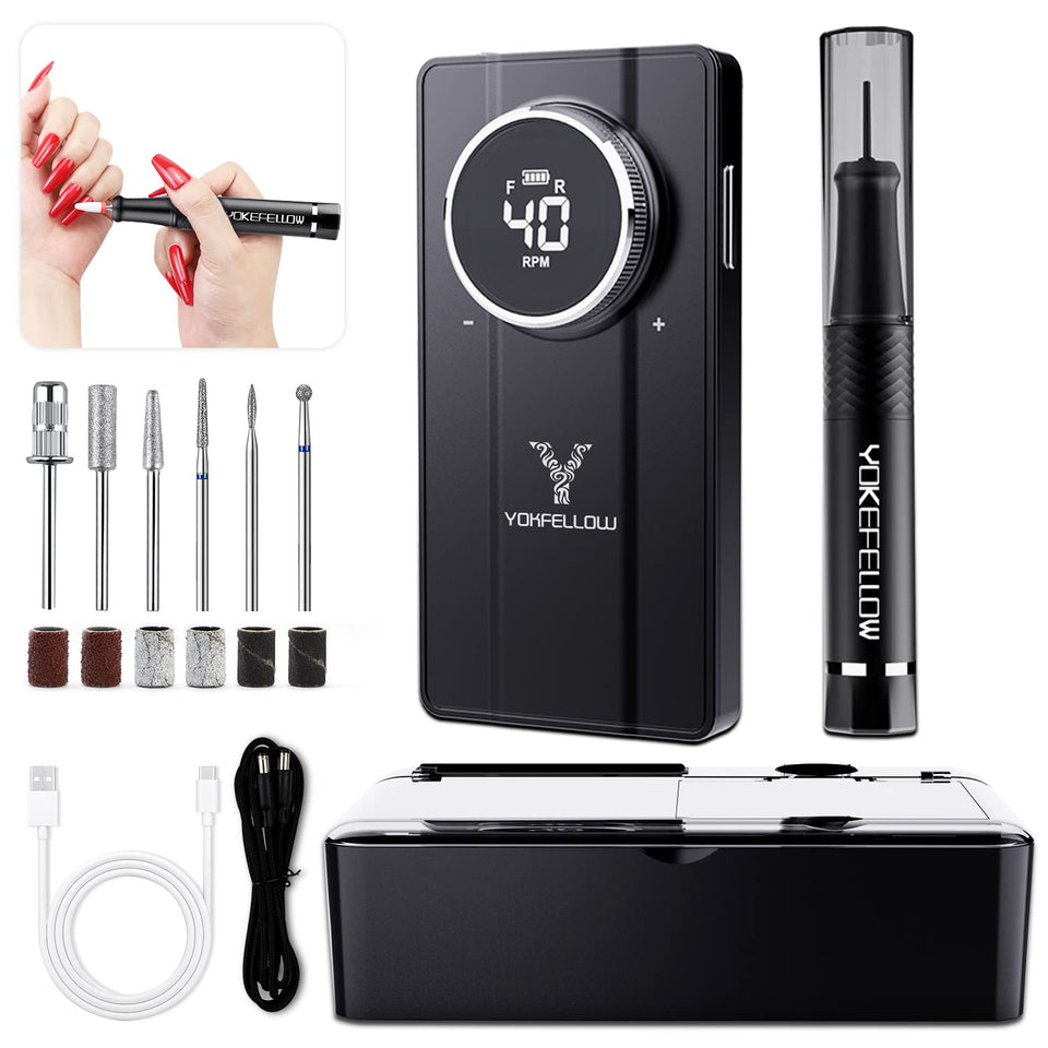 Yoke Fellow nail drill with 40000RPM for fast acrylic nail shaping.