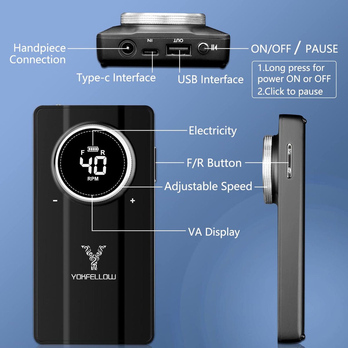 Yoke Fellow nail drill 4000mAh battery lasts long for mobile use.