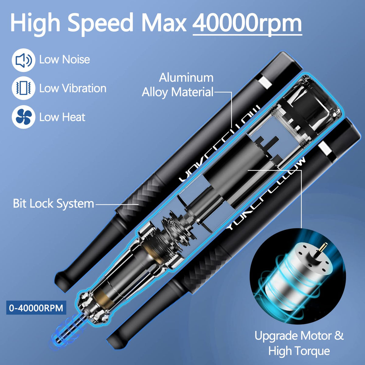 Yoke Fellow nail drill LCD display clearly shows RPM for precise control.
