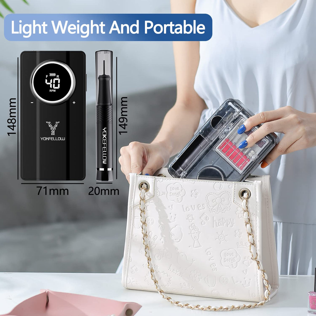 Yoke Fellow nail drill operates quietly with low heat for comfortable use.