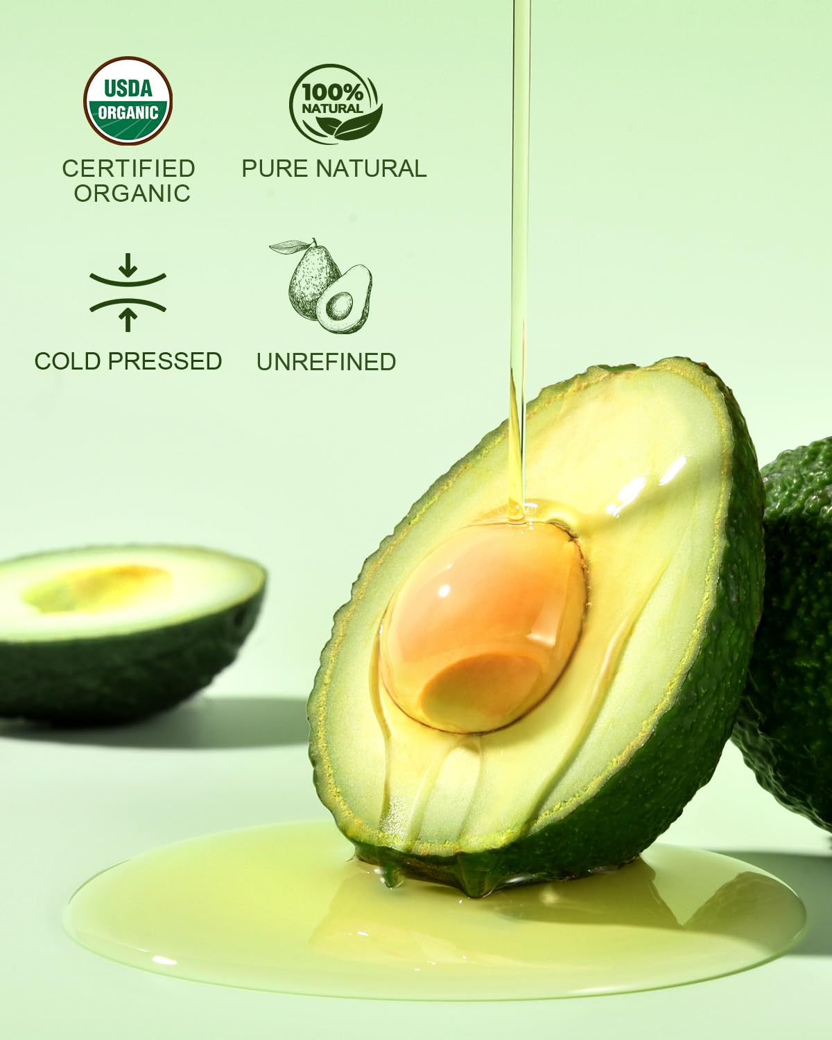 Yoken avocado oil cold-pressed texture highlighting natural nourishment