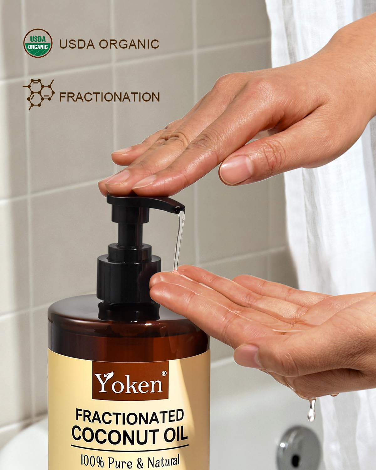 Yoken coconut oil applied to skin demonstrating quick absorption and a non-greasy finish.