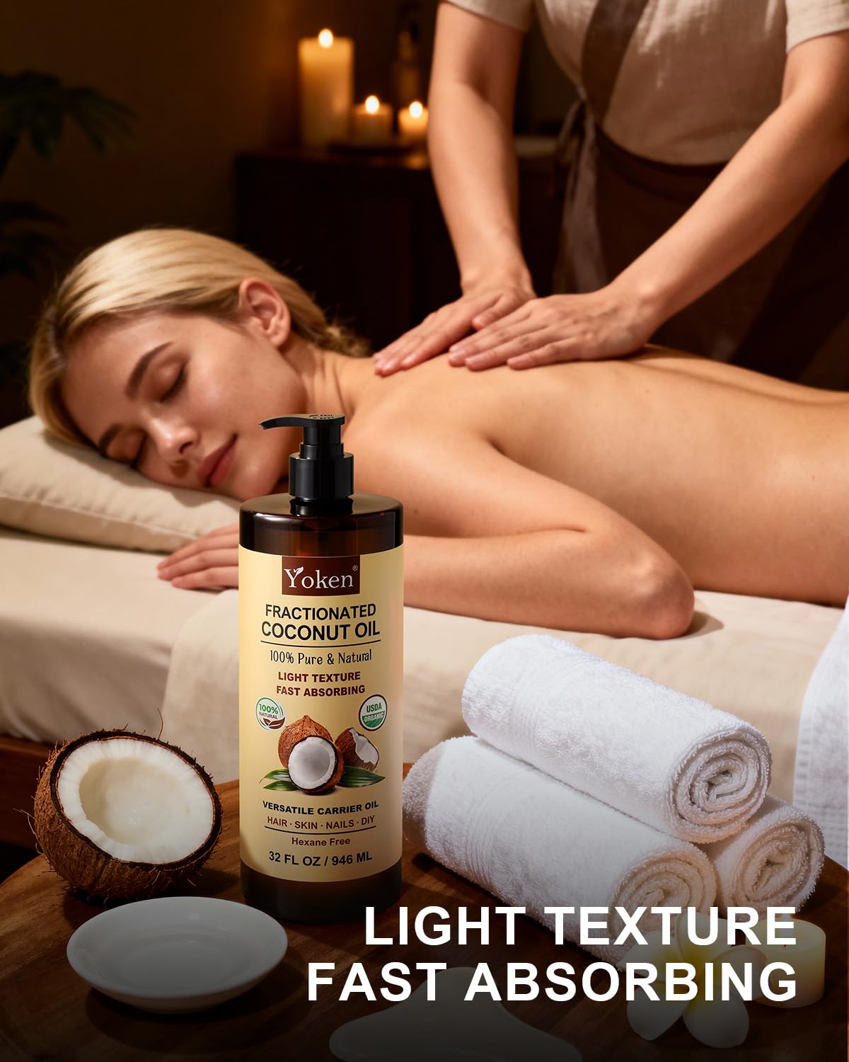 Yoken coconut oil used as a daily body moisturizer for hydration.