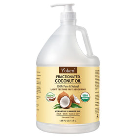 Yoken coconut oil bottle pour demonstrates versatile massage and skincare use.