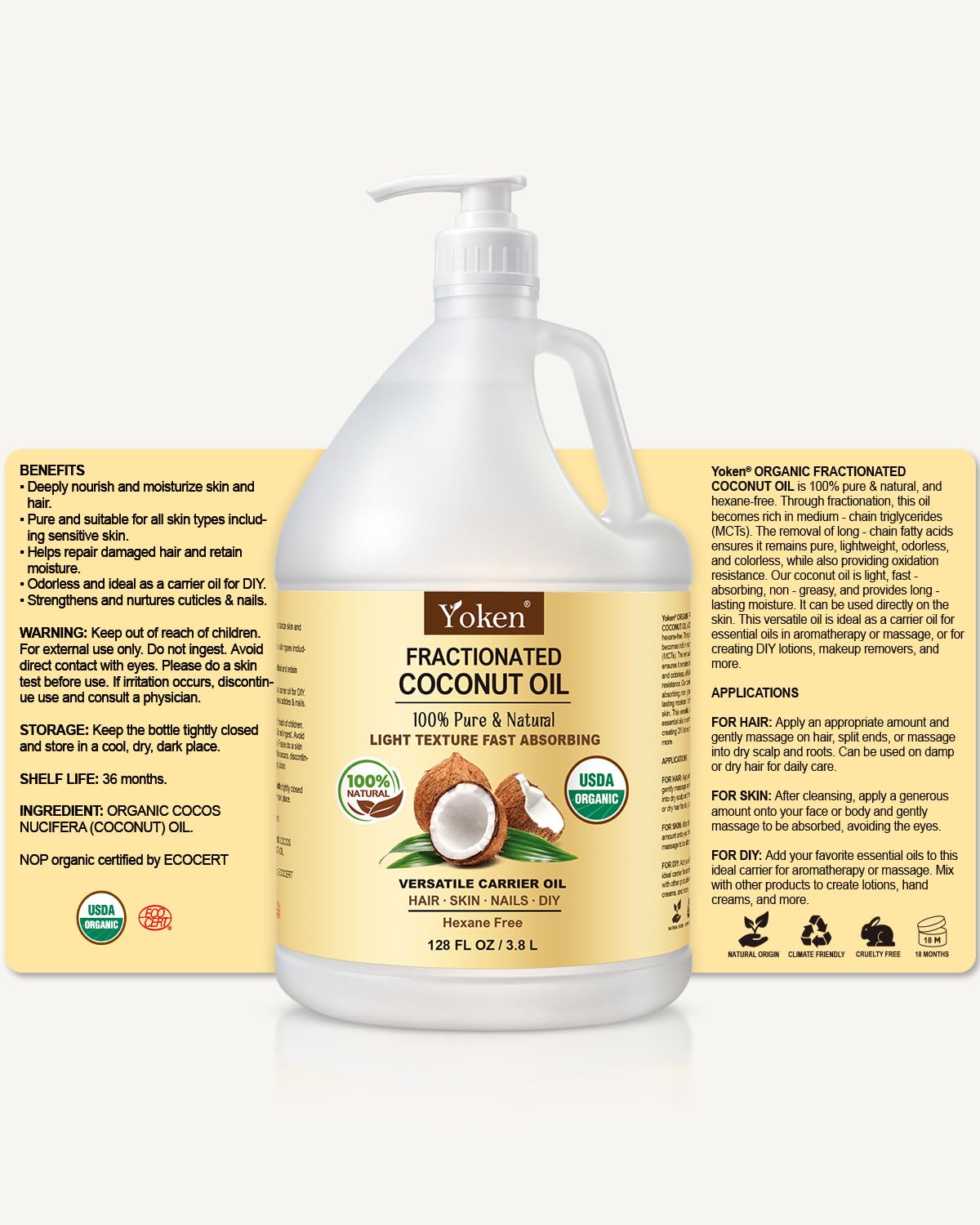 Yoken coconut oil organic certifications highlight USDA Organic sourcing and ethical sourcing.