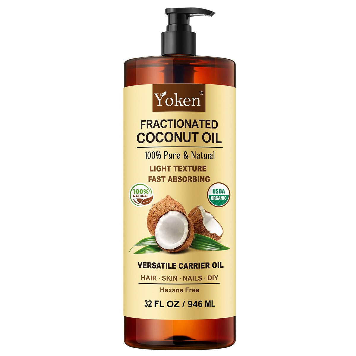 Yoken Organic Coconut Oil bottle showing a lightweight, odorless formula for daily use.