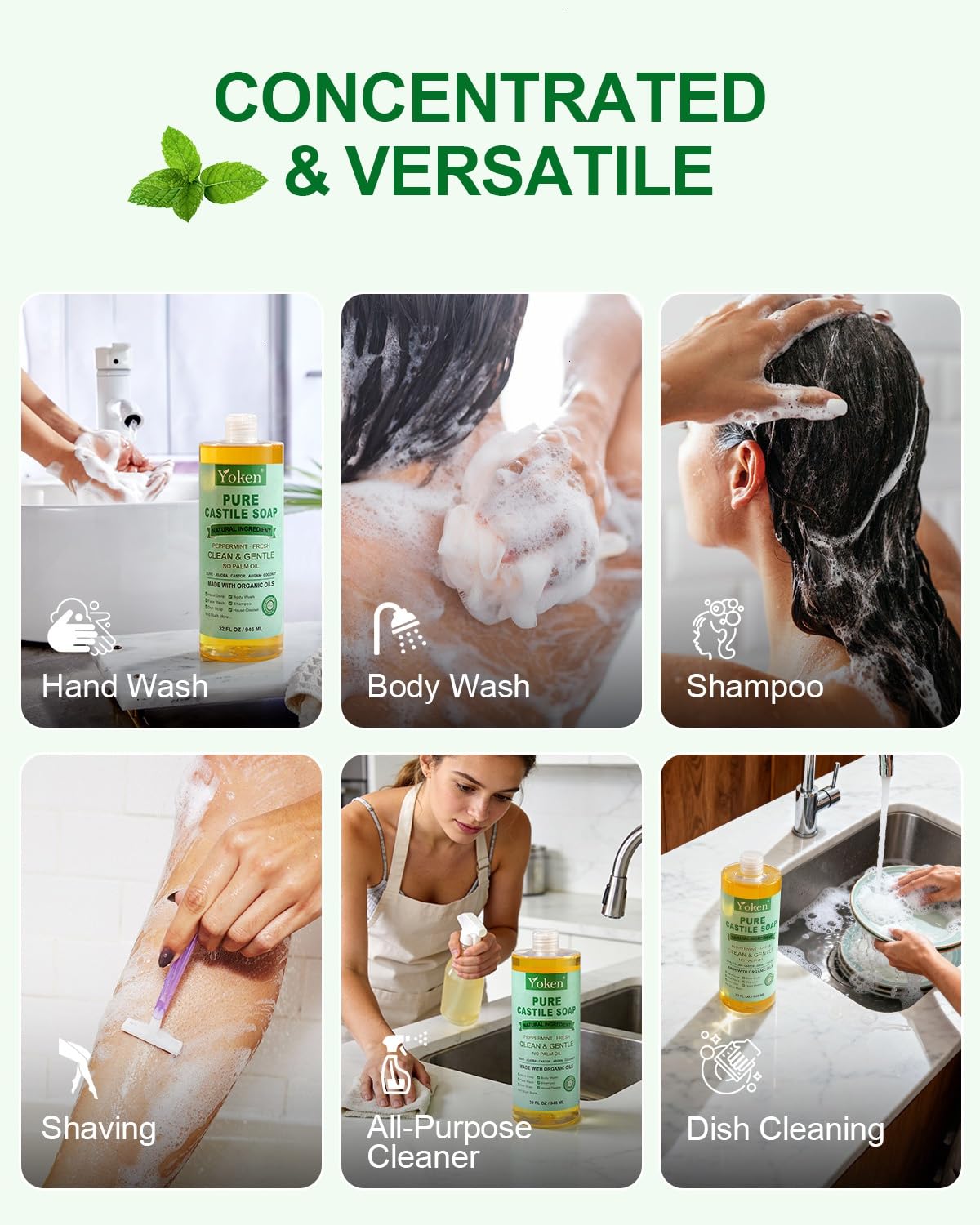 Yoken Peppermint Castile Soap gentle body wash with soft suds for skin care.