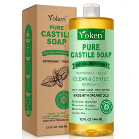 Yoken Peppermint Castile Soap bottle pour for versatile cleaning and refreshing lather.