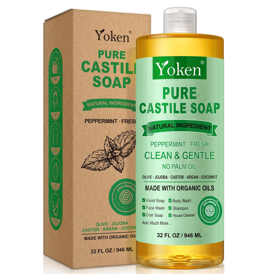 Yoken Peppermint Castile Soap bottle pour for versatile cleaning and refreshing lather.