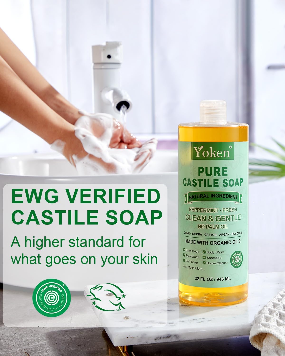 Yoken Peppermint Castile Soap rich lather ideal for body wash and hands.