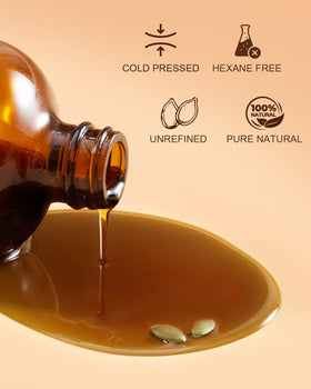 Yoken Pumpkin Seed Oil bottle back explains nutrient-rich, cold-pressed oil for skin and hair.