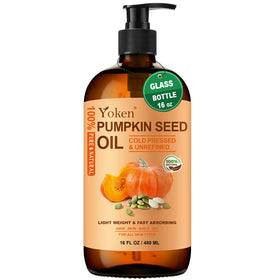 Yoken Pumpkin Seed Oil bottle front showcases premium hexane-free formula for hair and skin.