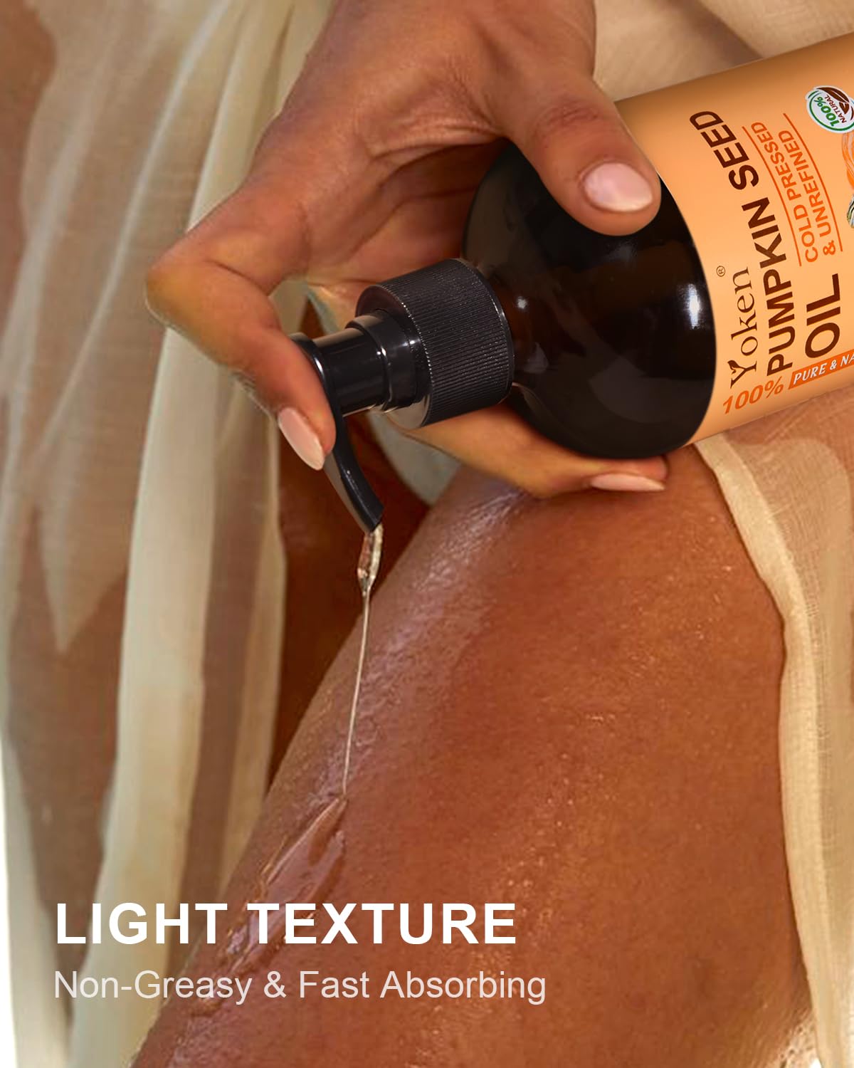 Yoken Pumpkin Seed Oil ingredients image confirms hexane-free, unrefined nutrients for skin and hair.