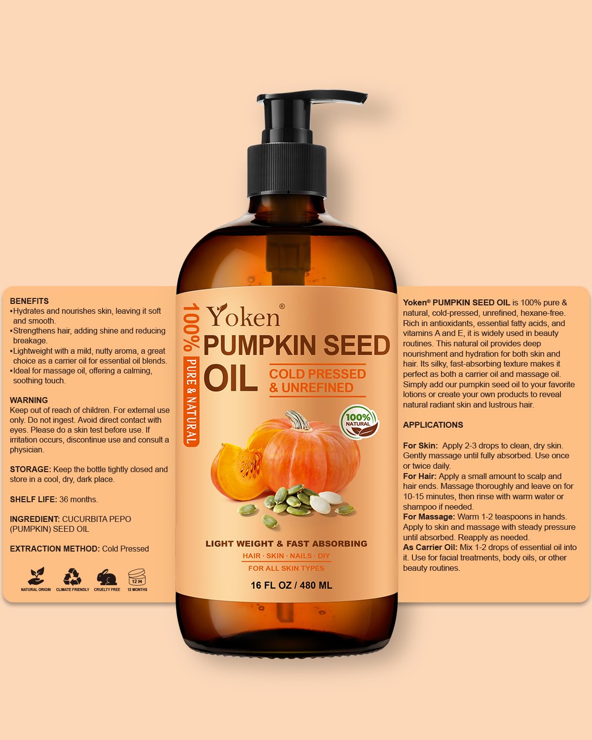 Yoken Pumpkin Seed Oil packaging image emphasizes eco-friendly amber bottle and convenient pump.