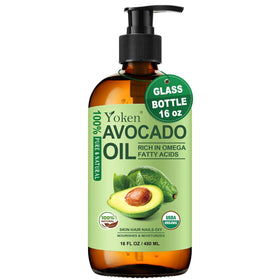 Yoken USDA Organic Avocado Oil 16oz glass bottle for deep hydration