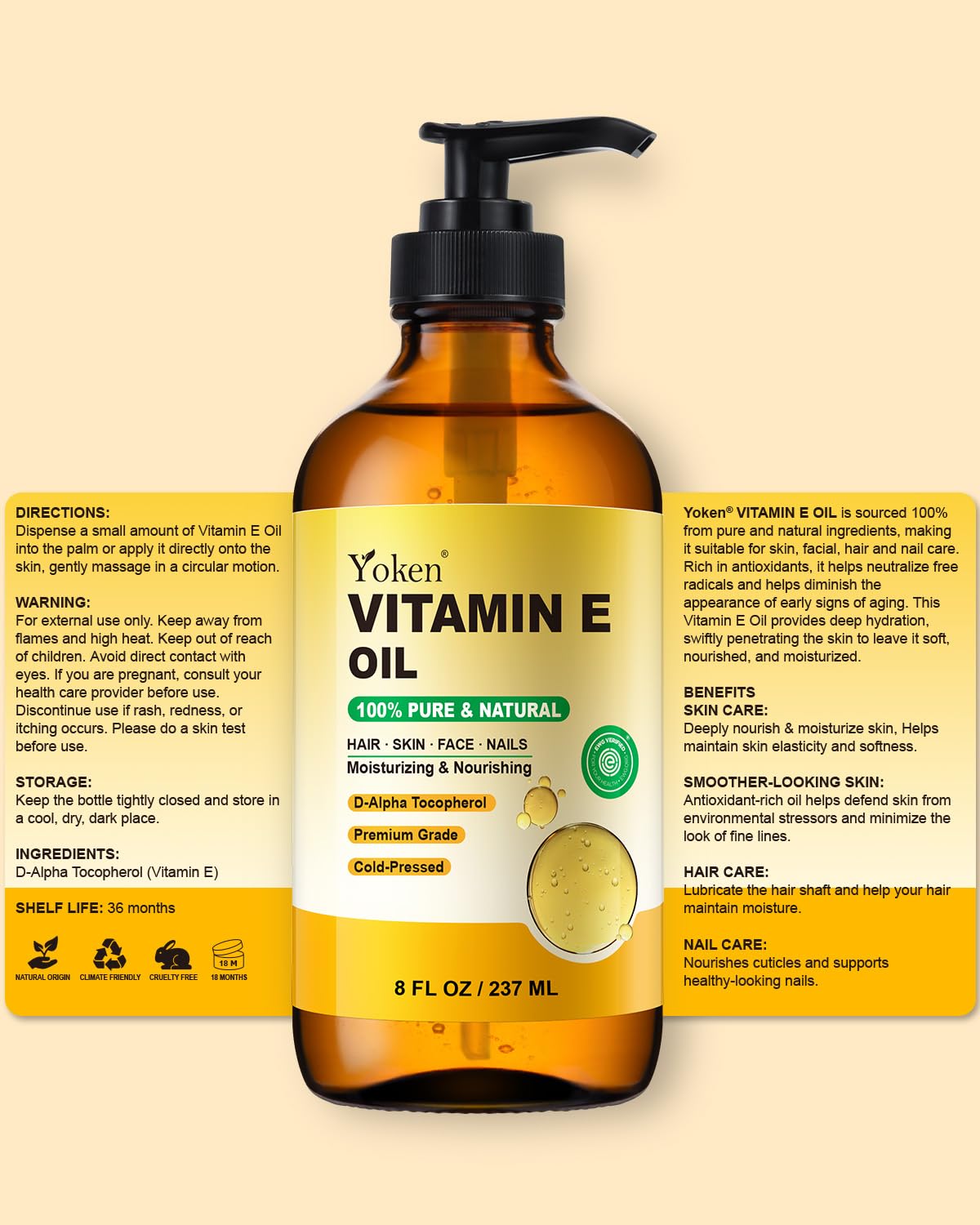 Yoken Vitamin E Oil amber bottle highlights vegan, cruelty-free ethics.