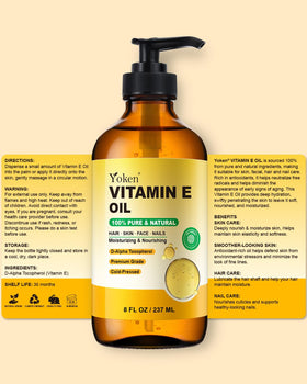 Yoken Vitamin E Oil amber bottle highlights vegan, cruelty-free ethics.