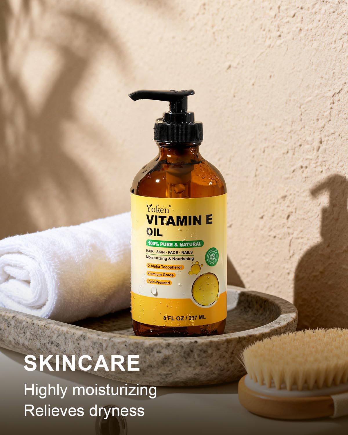 Yoken Vitamin E Oil for body care softens dry skin and elbows.