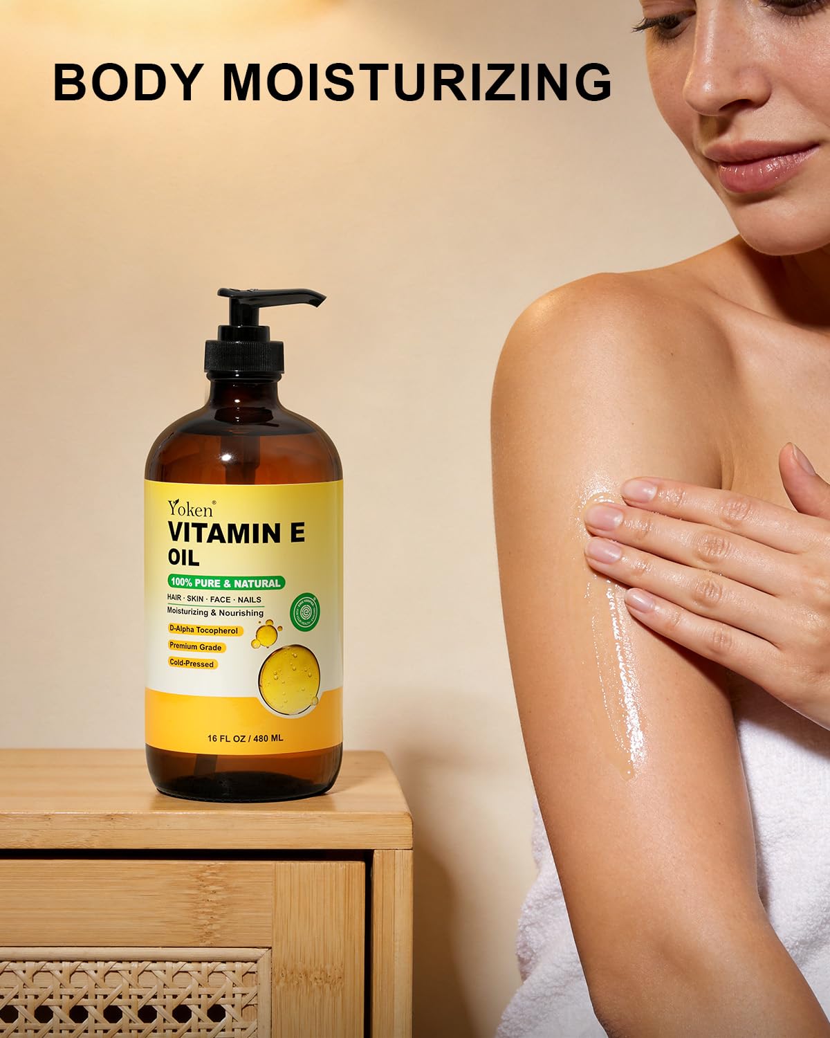 Yoken Vitamin E Oil pump for mess-free, precise dispensing.