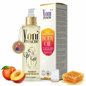 Yoni Rescue after-shower oil bottle in peach for daily hydration