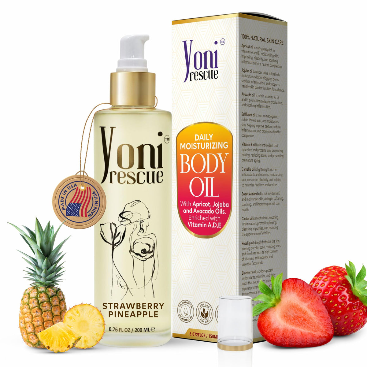 Yoni Rescue after-shower oil bottle in strawberry pineapple scent with a convenient dispense