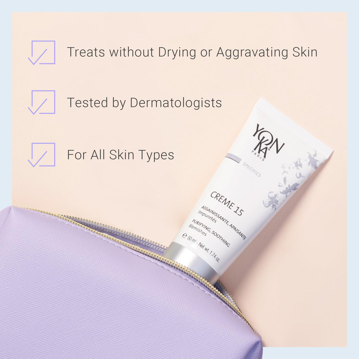 Chamomile, arnica, and witch hazel blend in Yon-Ka Creme 15 for soothing care.