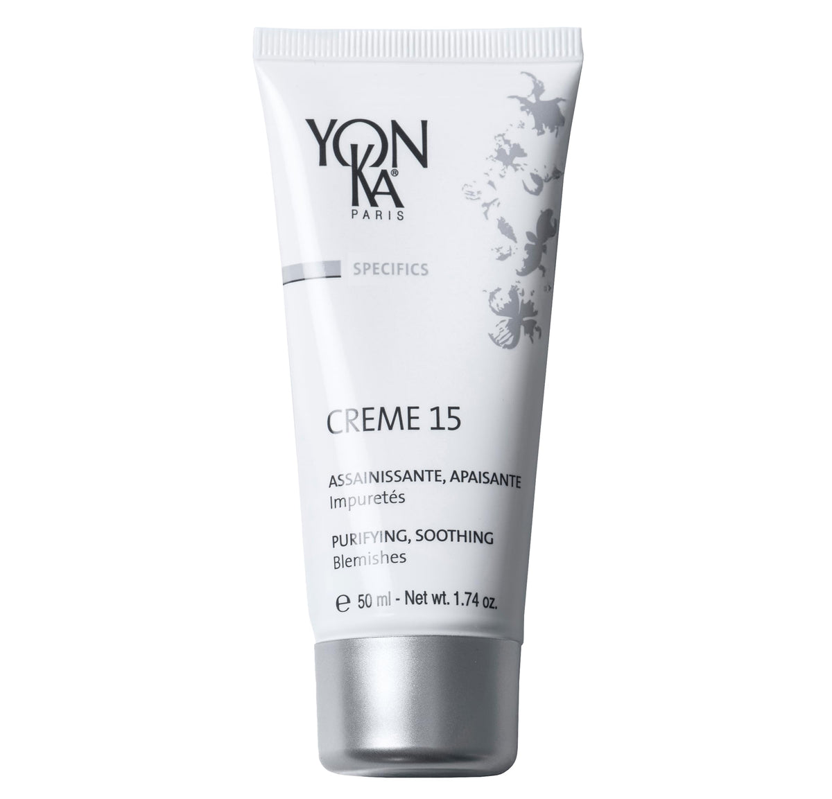 Yon-Ka Creme 15 bottle close-up; purifying formula for clearer, balanced skin.