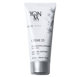 Yon-Ka Creme 15 bottle close-up; purifying formula for clearer, balanced skin.