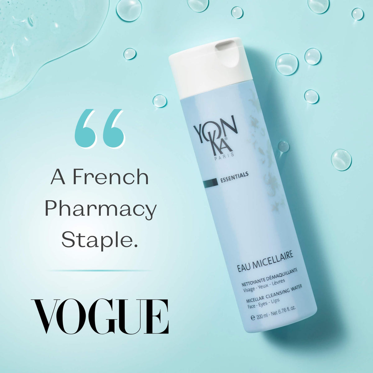 Yonka Eau Micellaire on a cotton pad for gentle makeup removal.