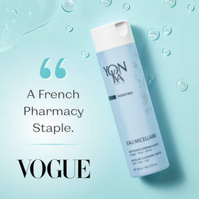 Yonka Eau Micellaire on a cotton pad for gentle makeup removal.