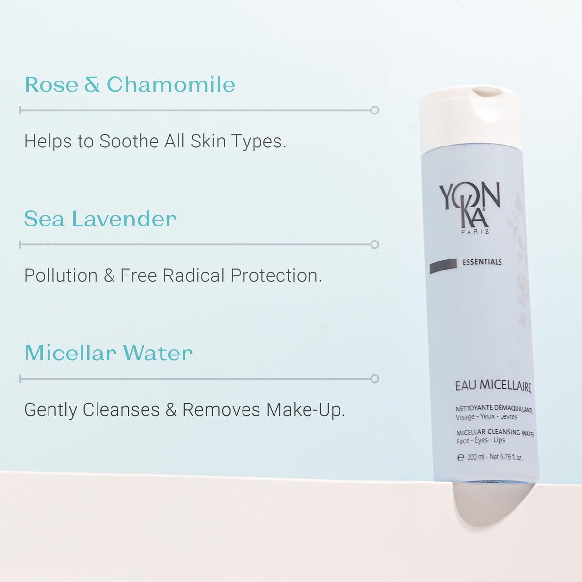 Yonka Eau Micellaire with rose and chamomile aroma for soothing skin.