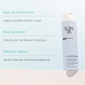 Yonka Eau Micellaire with rose and chamomile aroma for soothing skin.