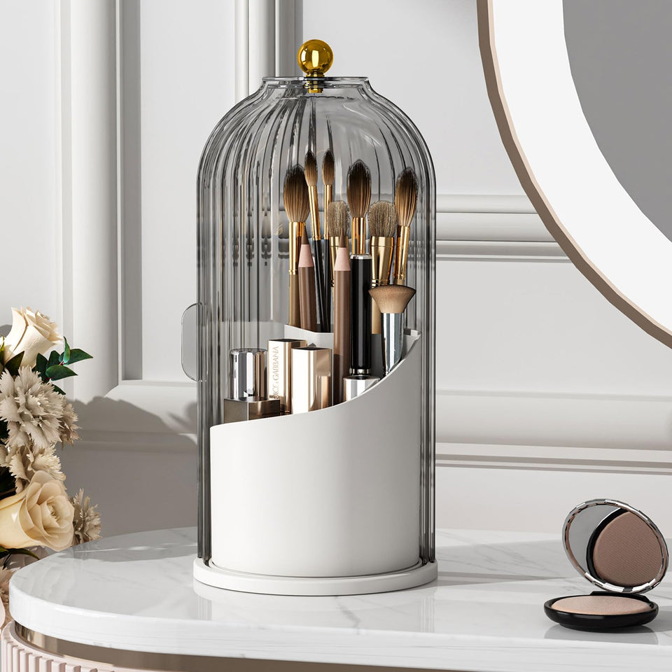 YOOLENS makeup brush holder with lid keeps brushes dust-free on the vanity.