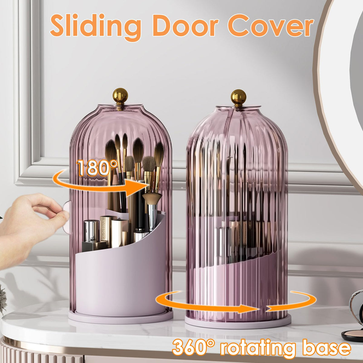 YOOLENS makeup brush holder lid closed showing sliding door and neat organization.