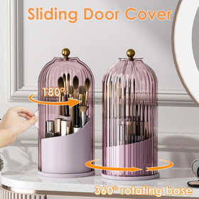 YOOLENS makeup brush holder lid closed showing sliding door and neat organization.