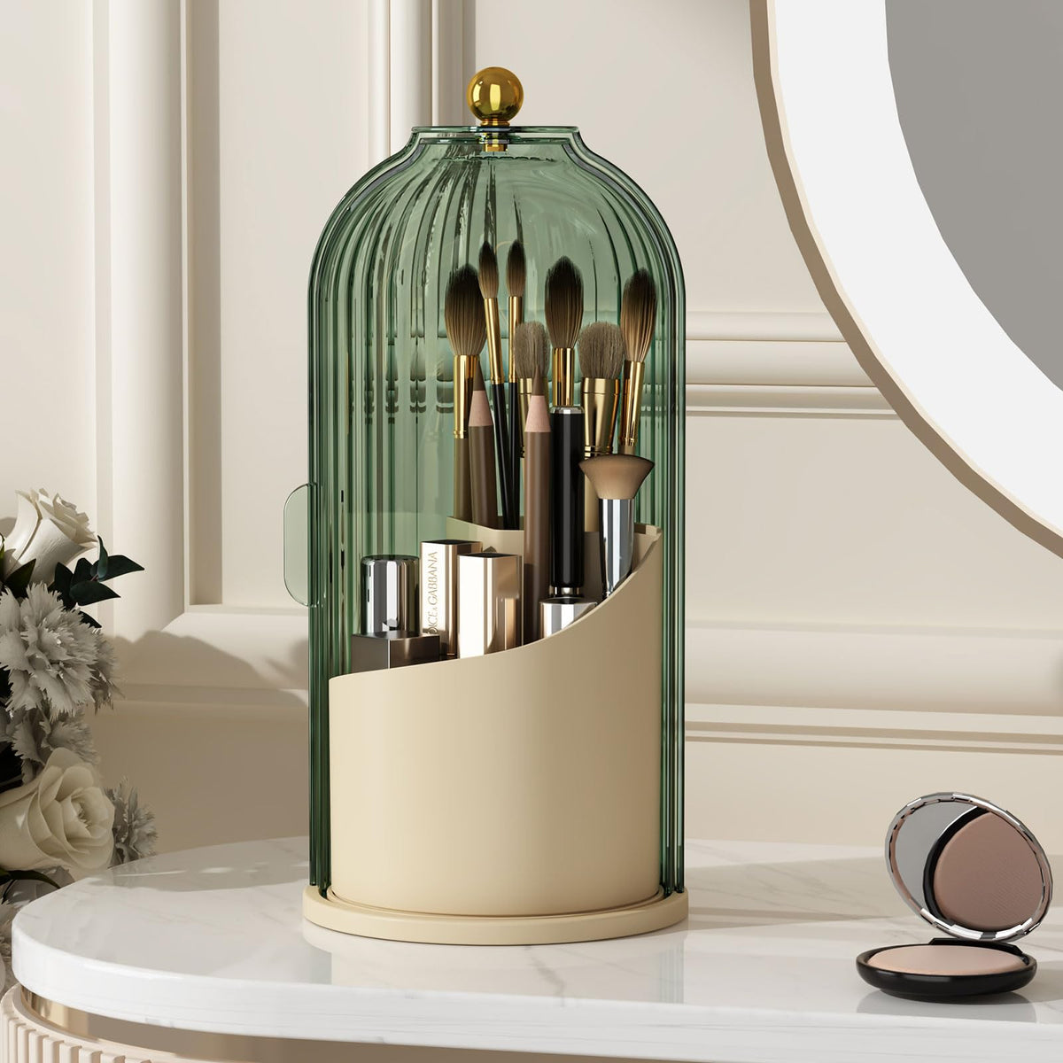 YOOLENS makeup brush holder with lid keeps brushes dust-free on a vanity
