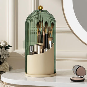 YOOLENS makeup brush holder with lid keeps brushes dust-free on a vanity