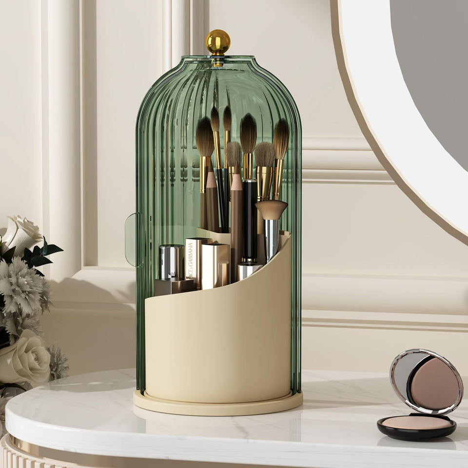 YOOLENS makeup brush holder with lid keeps brushes dust-free on a vanity