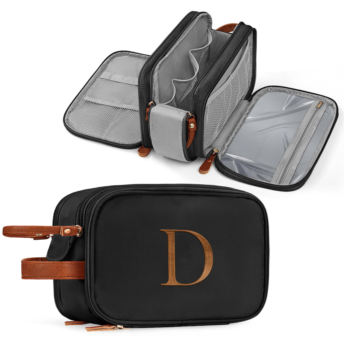 YOOLIFE black initial toiletry bag front view showing spacious capacity for travel essentials.