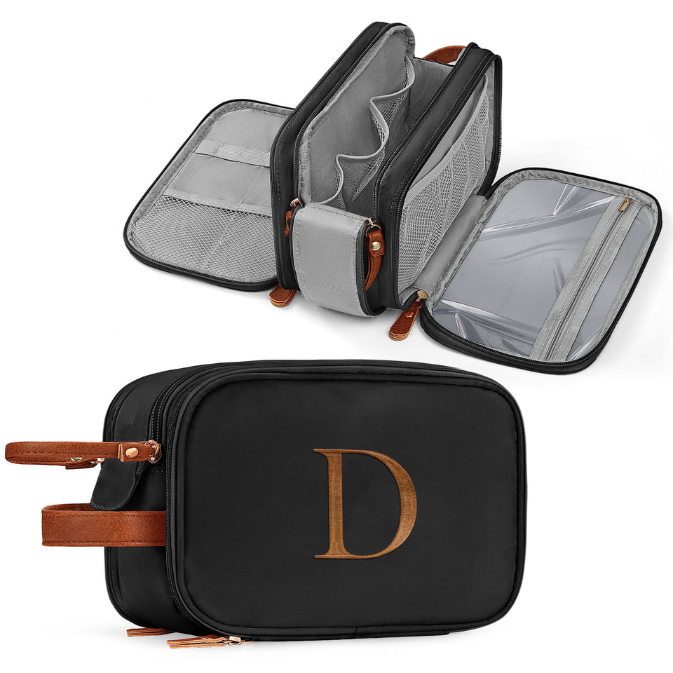 YOOLIFE black initial toiletry bag front view showing spacious capacity for travel essentials.
