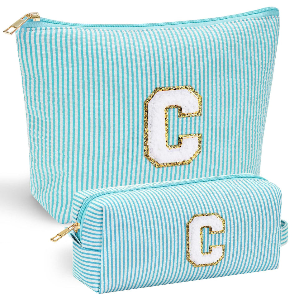 YOOLIFE makeup organizer bag with chenille initial on front for personalized bridesmaid gifts