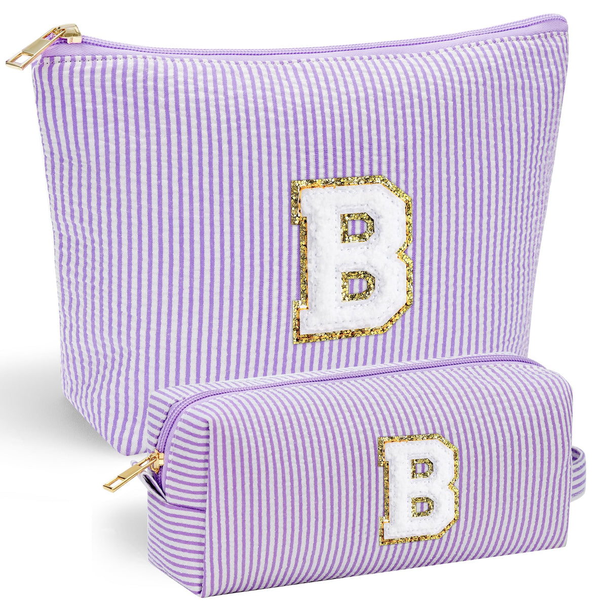 YOOLIFE purple makeup bag front chenille initial detail for a personalized bridesmaid gift
