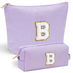 YOOLIFE purple makeup bag front chenille initial detail for a personalized bridesmaid gift