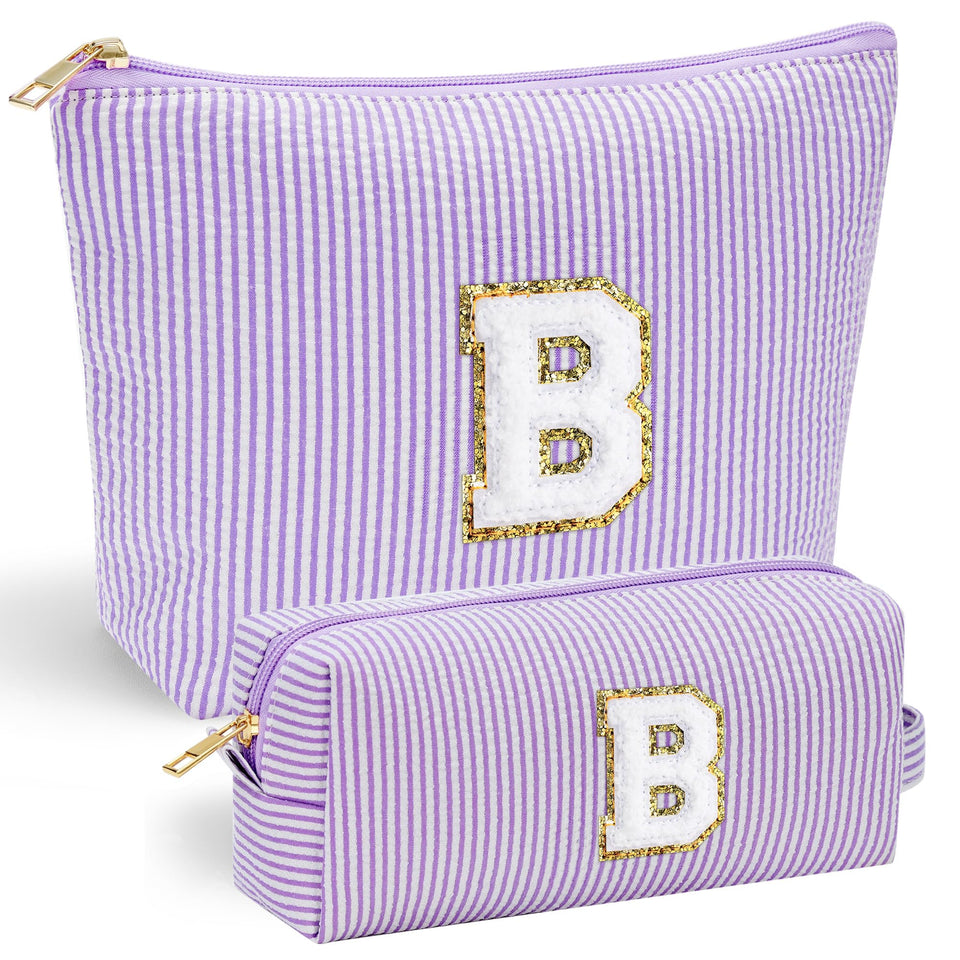 YOOLIFE purple makeup bag front chenille initial detail for a personalized bridesmaid gift