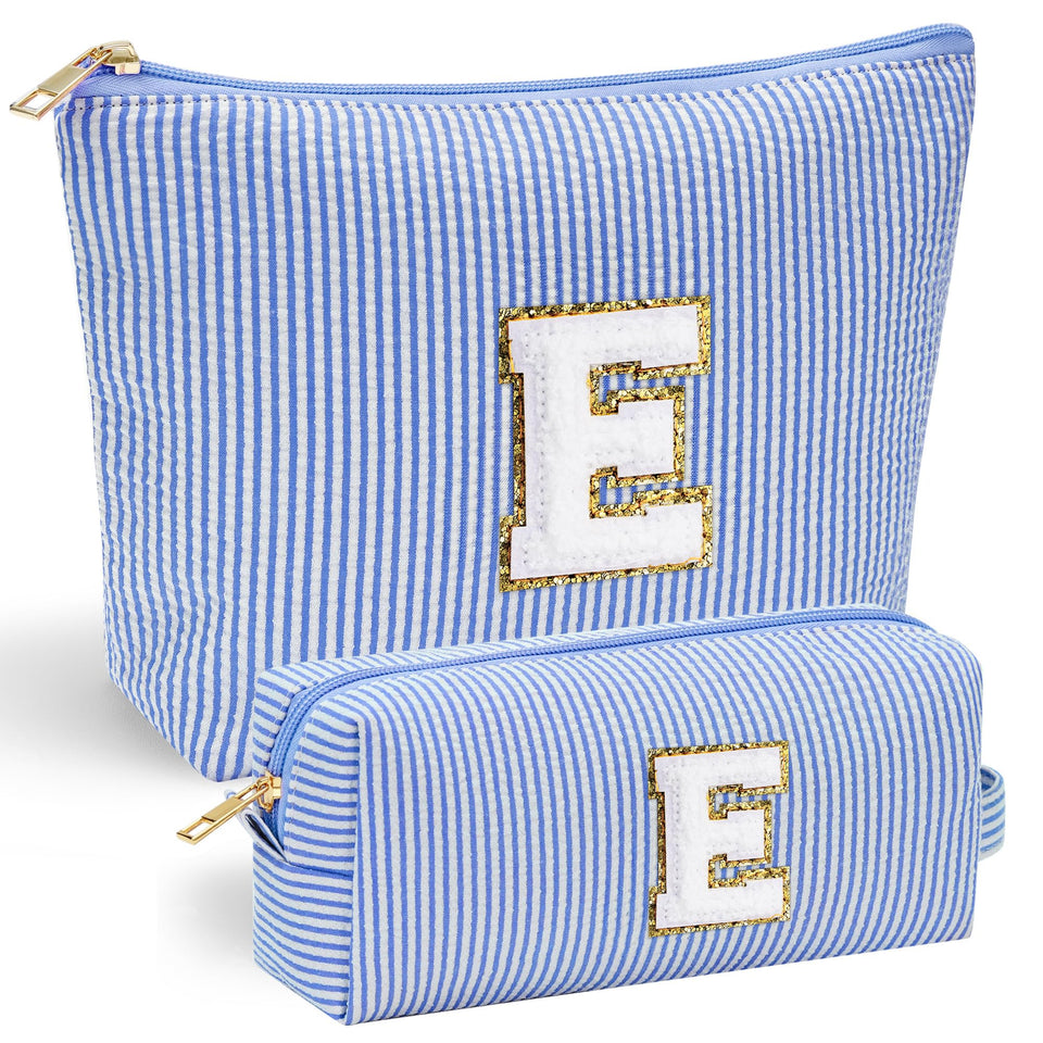 YOOLIFE Initial Makeup Bag in blue with stitched chenille initial for personal style