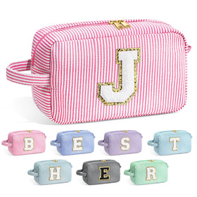 YOOLIFE initial makeup bag with chenille front monogram for easy personal identification.