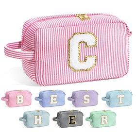 YOOLIFE initial makeup bag with chenille letter front for tidy cosmetics on the go.